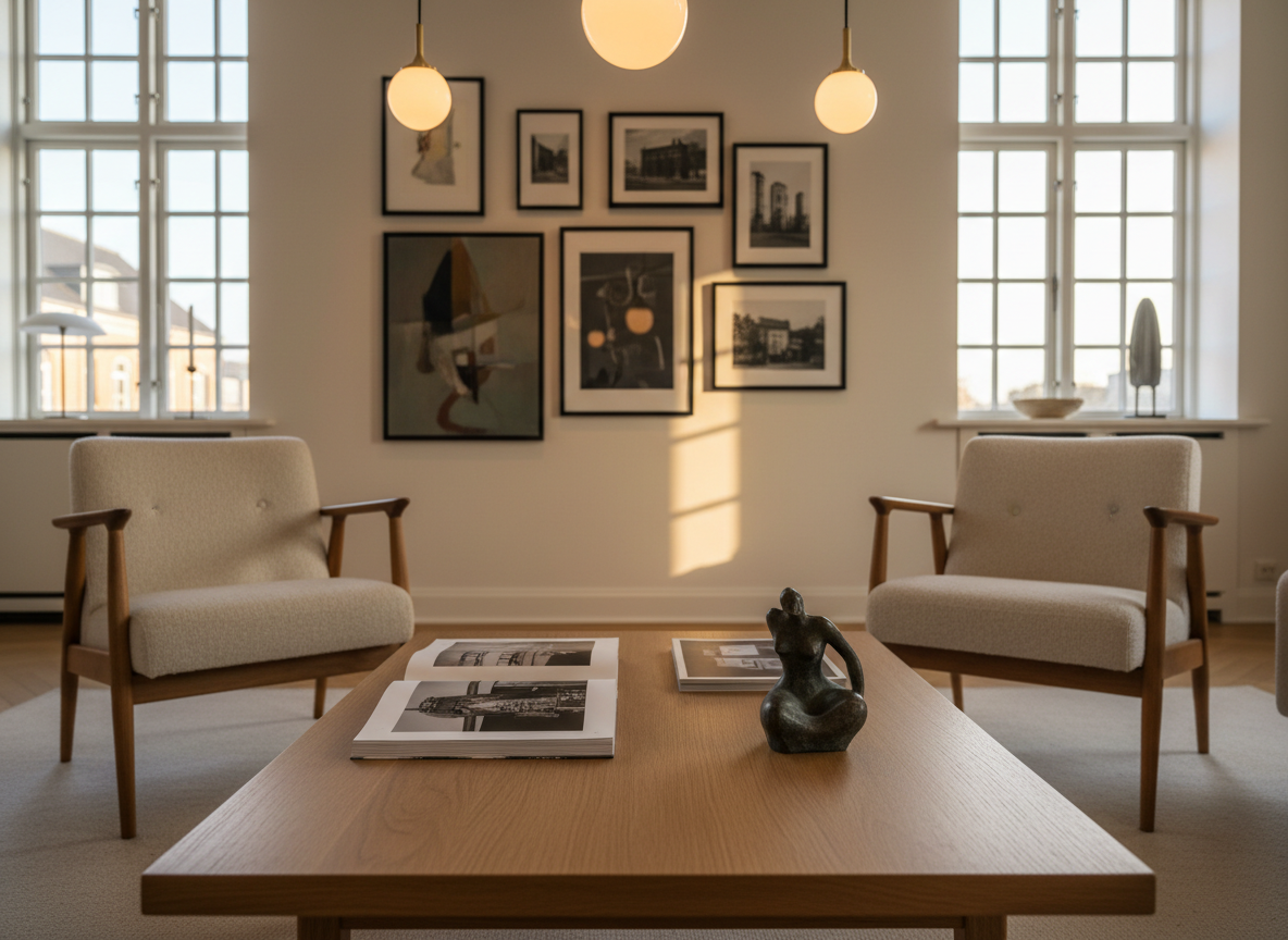 An elegant modern living room set up as a private cultural salon, captured in photographic realism. A low oak coffee table displays an open art catalog, a design magazine, and a small bronze sculpture of an abstract feminine form. Two empty mid-century armchairs with textured wool upholstery face each other, suggesting an ongoing conversation. On the wall behind, a curated gallery of contemporary paintings and black-and-white photography adds depth. Warm pendant lighting and subtle golden hour daylight from tall Danish-style windows bathe the scene, creating soft reflections on glass frames and gentle shadows. Shot at eye level with a shallow depth of field that keeps the table in crisp focus, the mood is intimate, refined, and welcoming, hinting at meaningful connections and cultural exchange without any human figures.
