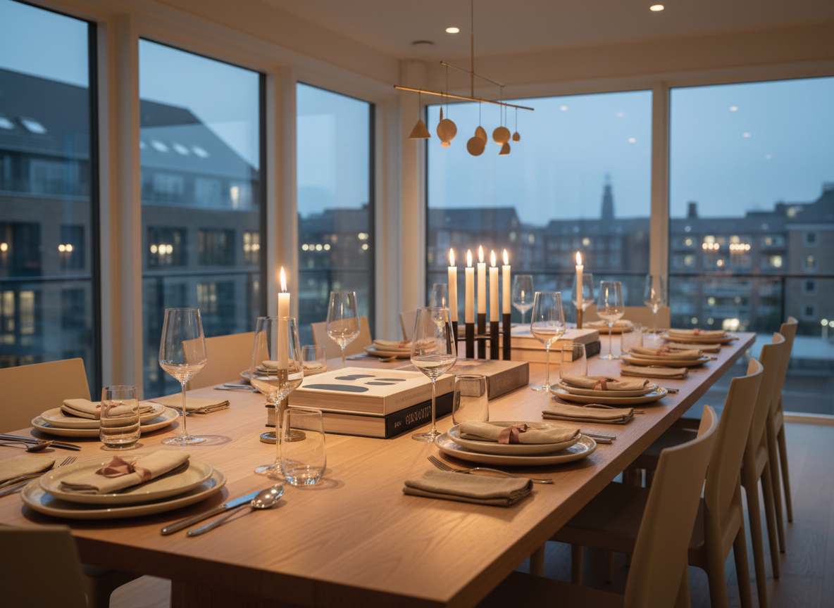 A long, beautifully set oak dining table in a minimalist Nordic apartment, prepared for an exclusive cultural gathering, rendered in photographic realism. Each place setting features hand-thrown ceramic plates in muted sand tones, fine crystal glasses catching the warm glow of nearby candles, and linen napkins tied with slender silk ribbons. In the center, curated art books, a sculptural candleholder, and a small modernist mobile introduce a subtle artistic theme. Large windows reveal an evening cityscape of Copenhagen blurred in the background. Soft, warm ambient light from dimmed overhead fixtures combines with flickering candlelight, casting layered, intimate shadows. Photographed from a slightly elevated side angle using the rule of thirds, the atmosphere feels sophisticated, convivial, and distinctly feminine, suggesting a meaningful members’ dinner without any visible people.