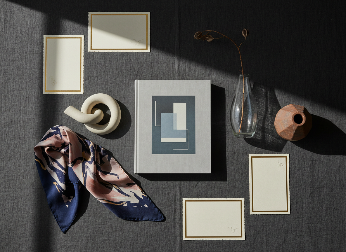 A meticulously curated flat lay of cultural objects arranged on a deep charcoal linen tablecloth, photographed in photographic realism. In the center, a sleek, closed hardback art book with a minimalist Danish cover design rests beside a delicate blown-glass vase holding a single dried branch. Around them lie a pair of sculptural ceramic pieces, a folded silk scarf with abstract patterns, and handwritten invitation-style cards without visible text. Soft afternoon window light from the left creates gentle highlights and long, elegant shadows, evoking a sophisticated, intimate salon atmosphere. Shot from a top-down, bird’s-eye view with sharp focus throughout, the composition feels balanced and editorial, representing an exclusive, thoughtfully curated women’s cultural membership community without depicting people directly.