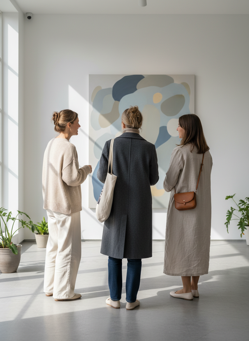 Three women in a bright, minimalist Scandinavian gallery space, seen from behind and from the side without showing faces clearly. They are dressed in understated, contemporary everyday clothes — neutral tones, simple cuts, no glamour. The space is clean and airy with white walls, natural light, and a large abstract painting. The mood is relaxed, curious, and social — like friends at an opening, not a fashion shoot. No text, no logos, no watermarks.
