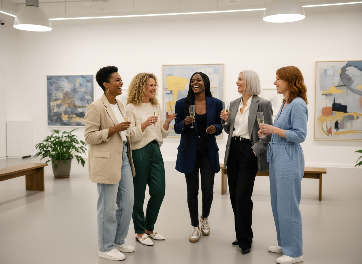 A group of 4-5 diverse women aged 35-45 at a Scandinavian gallery opening, casual modern fashion — jeans, sneakers, relaxed blazers, linen trousers, simple knits — very different hair styles and colors (one with short dark hair, one with curly blonde, one with long braids, one with a sleek bob), different skin tones, laughing and talking, holding champagne glasses, modern white gallery walls with abstract art in background, warm ambient lighting, hygge atmosphere, editorial fashion feel, photorealistic