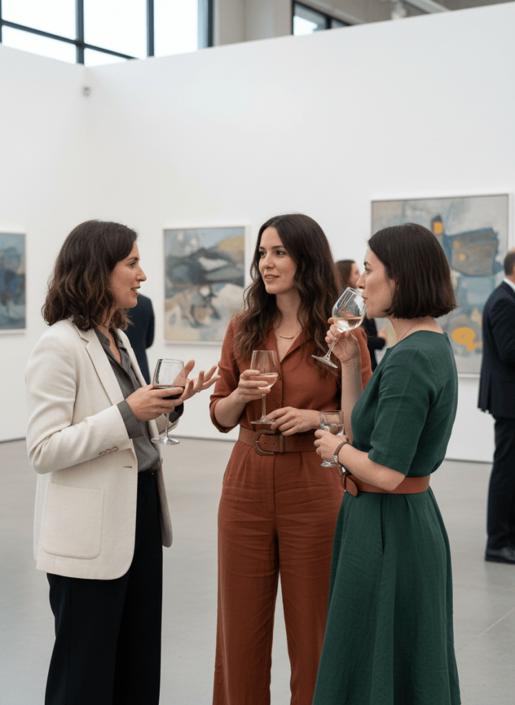 A group of 3-4 women with dark hair at a gallery vernissage, holding wine glasses and talking naturally in front of artwork on white walls. They are dressed in understated Scandinavian style — clean cuts, quality fabrics, muted tones with one or two stronger color accents like deep green, rust or cobalt. The mood is relaxed, intelligent, social. Natural light. White gallery walls with art. No posed looks, no fashion-show staging. Real people at a real opening. No hats.