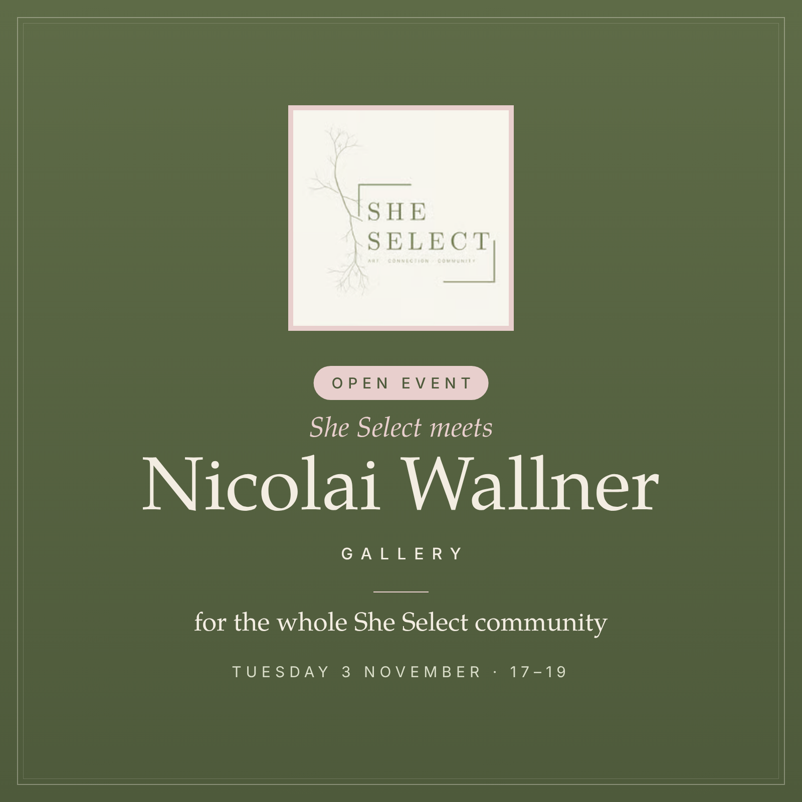She Select møder Nicolai Wallner – Open Event invitation, 3. november
